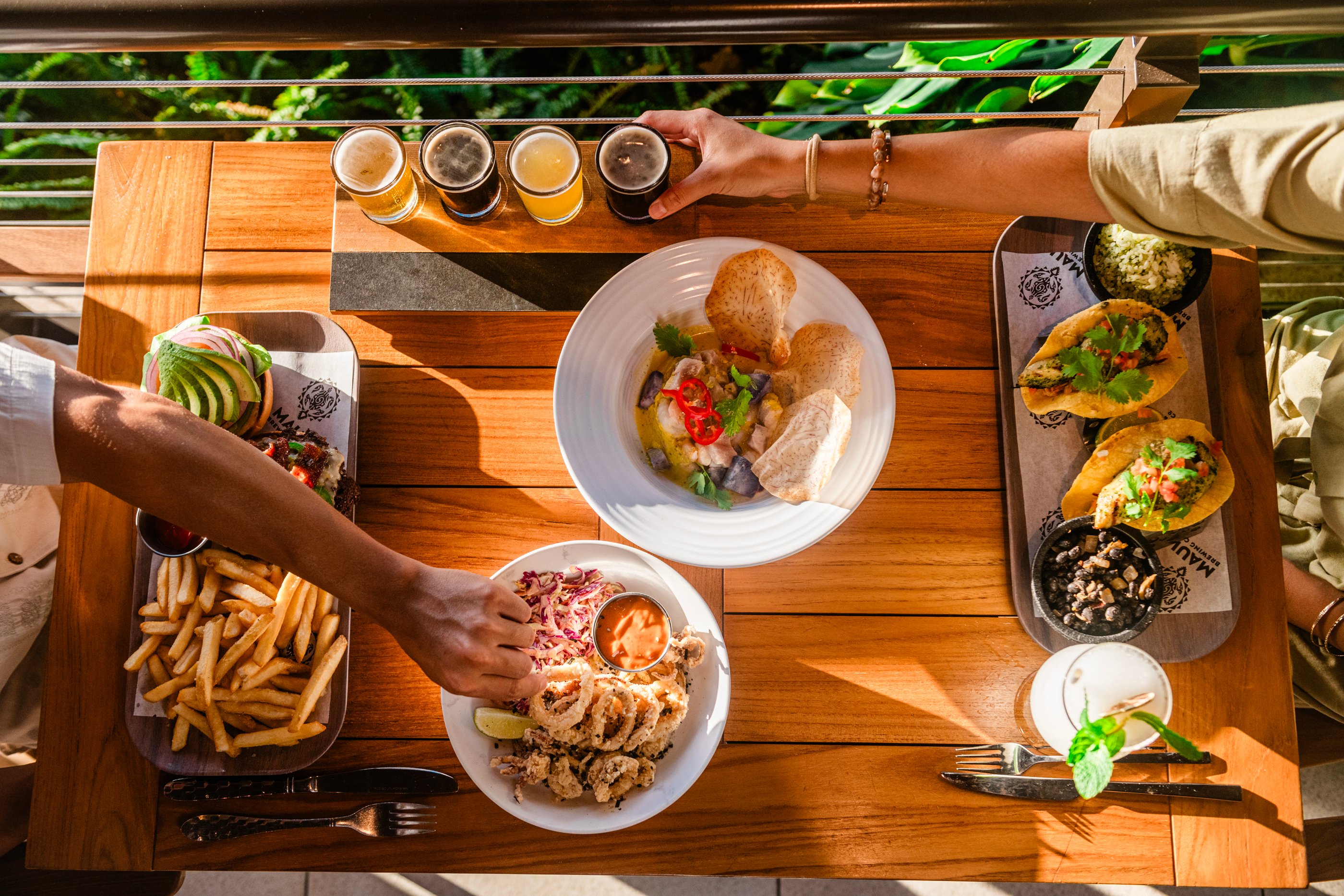 Food on a table at Maui Brewing Co. 